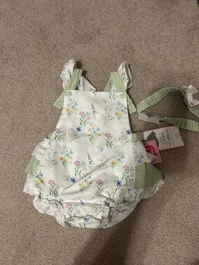 Rare Editions Wildflower romper with Green Stripes and ruffle butt and headband